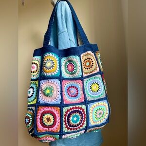 Handmade  Crochet Granny Square Tote Bag - Large Tote Navy Trim